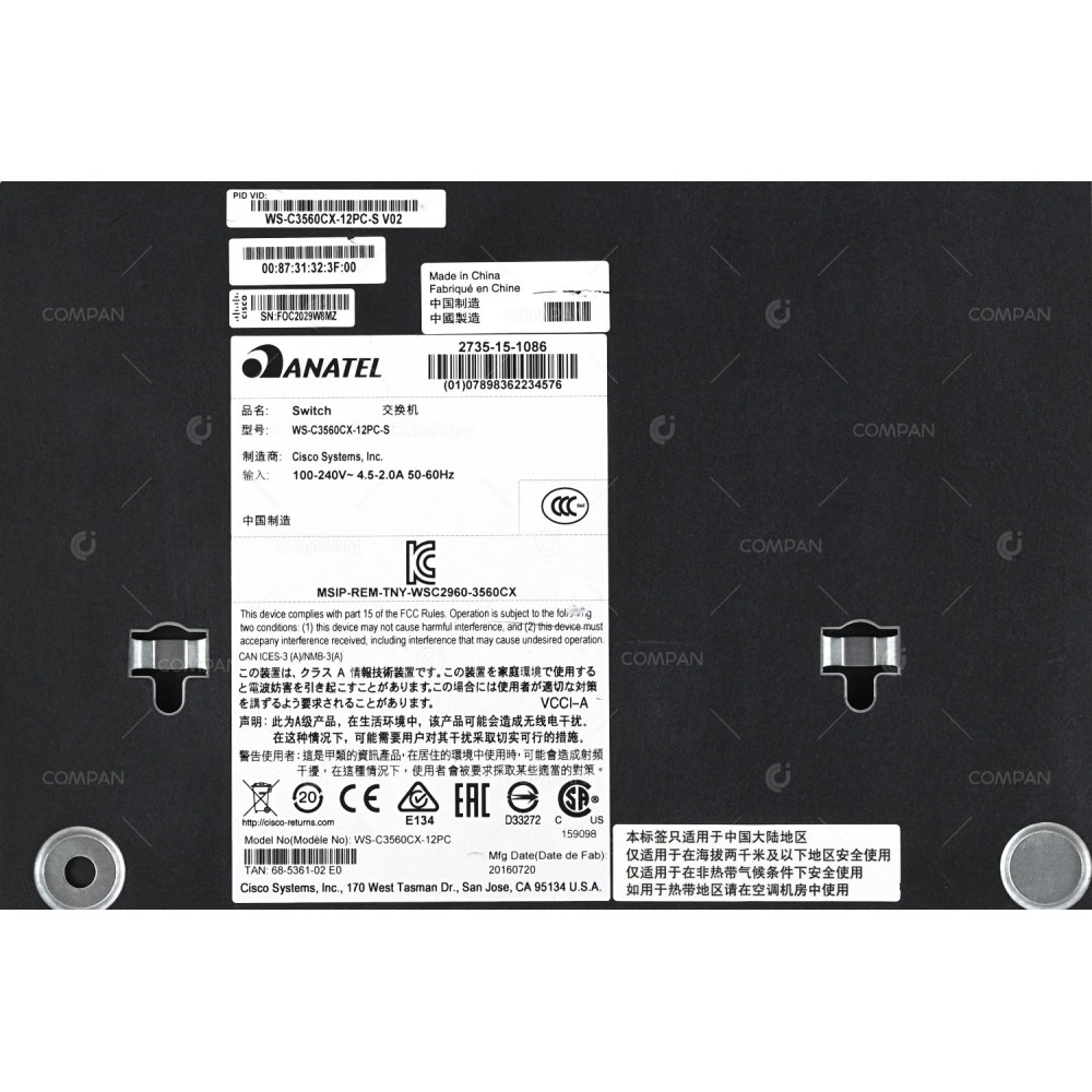 WS-C3560CX-12PC-S CISCO CATALYST 3560-CX 12 PORT 1GB ETHERNET POE+ 240W 2 PORT 1GB ETHERNET 2 PORT SFP SWITCH  68-100571-01